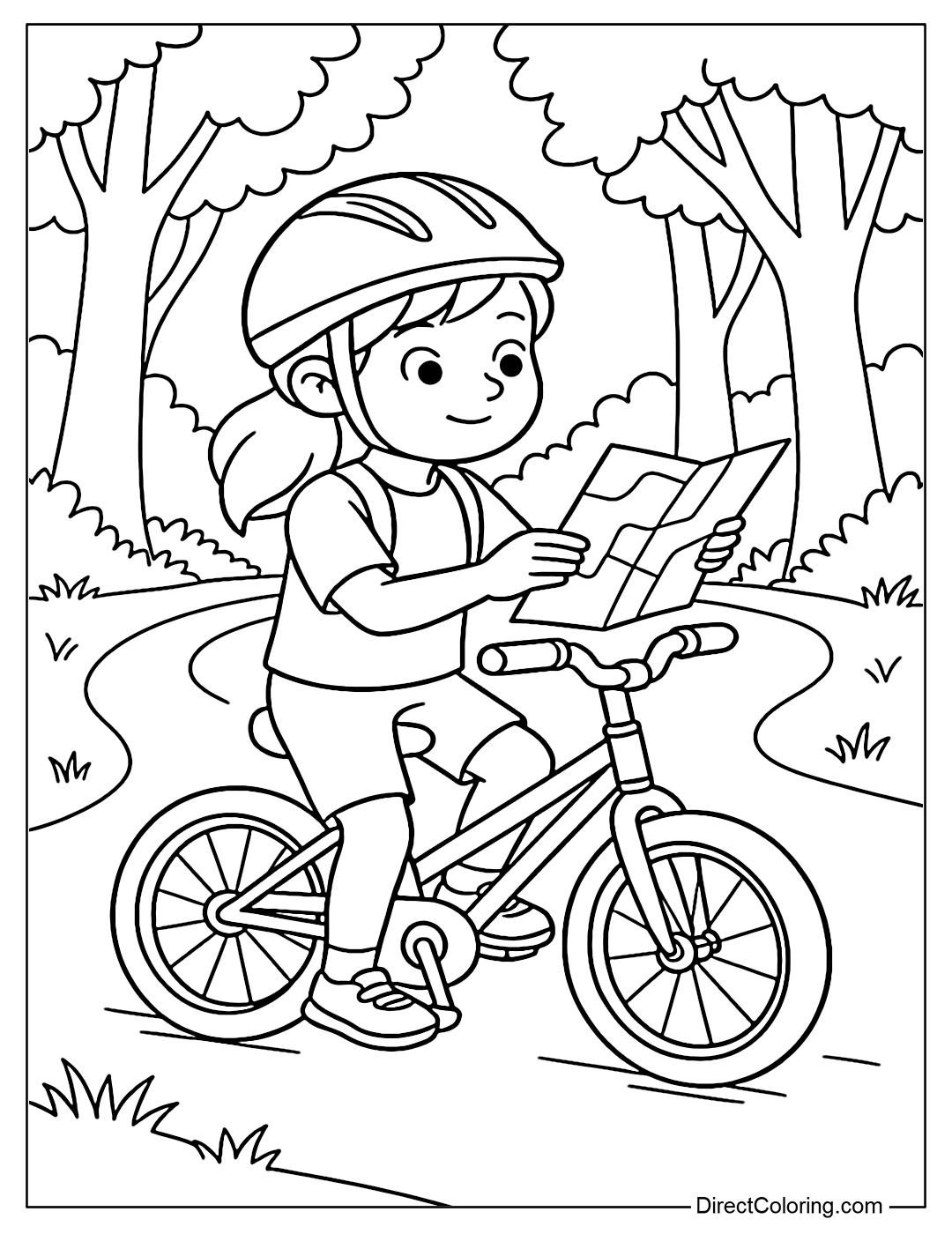 Coloring page of a girl stopping her bike at a fork in the forest, holding a map to see the turn